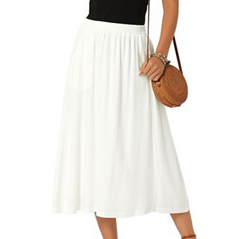 Women's Linen Skirt Summer Casual Flowy Swing Elastic High Waist A-Line Boho Midi Skirt with Pockets