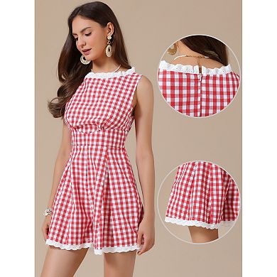 Sleeveless Gingham Romper for Women's Checks Lace Trim Smocked Waist Short Jumpsuits