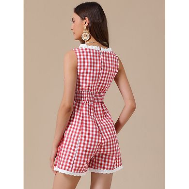 Sleeveless Gingham Romper for Women's Checks Lace Trim Smocked Waist Short Jumpsuits
