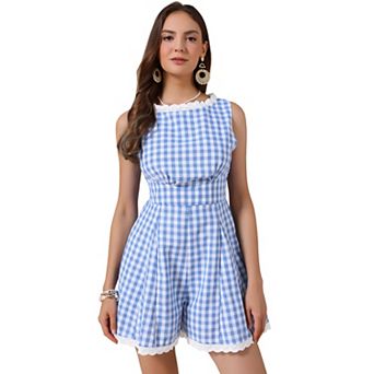 Sleeveless Gingham Romper for Women's Checks Lace Trim Smocked Waist Short Jumpsuits