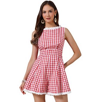 Sleeveless Gingham Romper for Women's Checks Lace Trim Smocked Waist Short Jumpsuits
