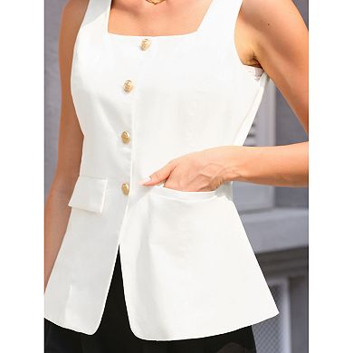 Women's Linen Waistcoat Square Neck Button Down Vest with Pockets