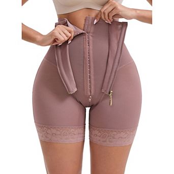 Women's High Rise Lace Trim Control Panties Zipper and Hooks Hip-Lifting Waist Shaperwear Knickers