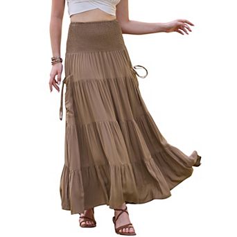 Summer Maxi Skirts for Women Elastic High Waist Swing A Line Beach Skirt with Pockets