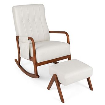 Rocking Chair with Ottoman Solid Rubber Wood Frame Padded Cushion