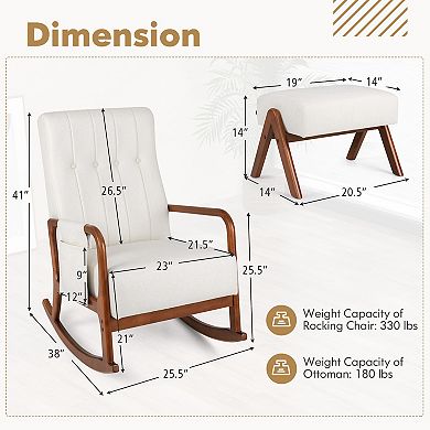 Rocking Chair with Ottoman Solid Rubber Wood Frame Padded Cushion