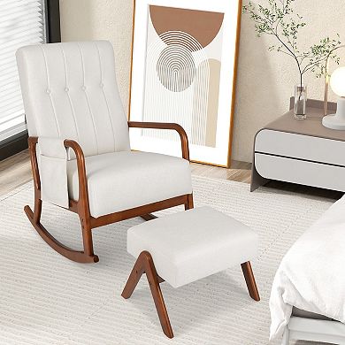 Rocking Chair with Ottoman Solid Rubber Wood Frame Padded Cushion