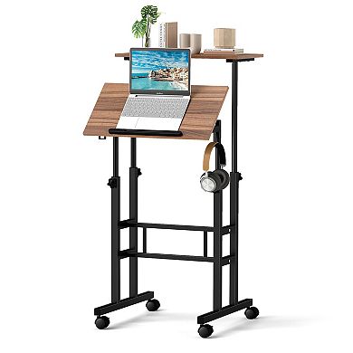 Height-adjustable Mobile Standing Desk with Split Top and Adjustable Angle