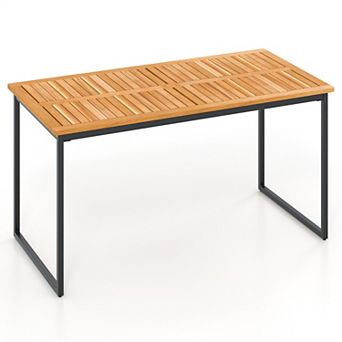 Acacia Wood Dining Table for 6 People with Slatted Top and Umbrella Hole