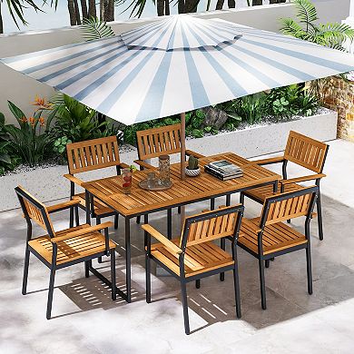 Acacia Wood Dining Table for 6 People with Slatted Top and Umbrella Hole