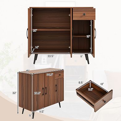 Walnut Sideboard Cabinet with 3 Doors, Drawer, and Adjustable Shelves