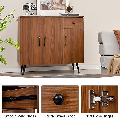 Walnut Sideboard Cabinet with 3 Doors, Drawer, and Adjustable Shelves