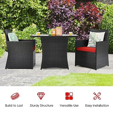 3 Piece Patio Bistro Set with Cushions, PE Rattan Chairs and Glass Table