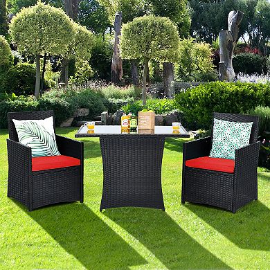 3 Piece Patio Bistro Set with Cushions, PE Rattan Chairs and Glass Table