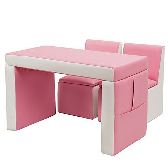 Multi-Functional Kids Sofa Table and Chair Set with Ottoman-Pink