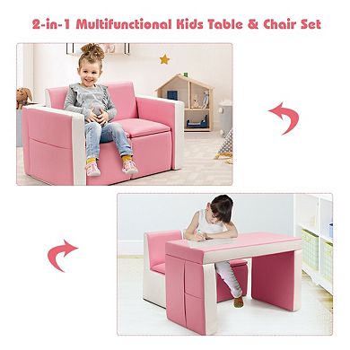 Multi-Functional Kids Sofa Table and Chair Set with Ottoman-Pink