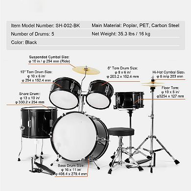 Kids Drum Set 5 Piece Beginner Full Drum Kit with Stool and Cymbals