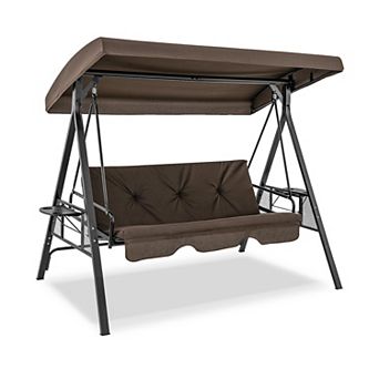 Brown Convertible 3-Seat Patio Swing Chair Bed with Adjustable Canopy