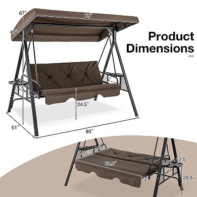 Brown Convertible 3-Seat Patio Swing Chair Bed with Adjustable Canopy