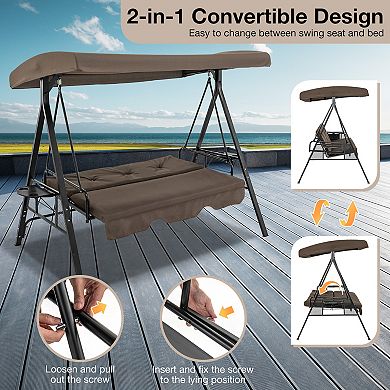 Brown Convertible 3-Seat Patio Swing Chair Bed with Adjustable Canopy