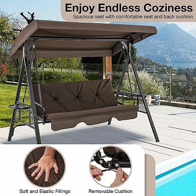 Brown Convertible 3-Seat Patio Swing Chair Bed with Adjustable Canopy