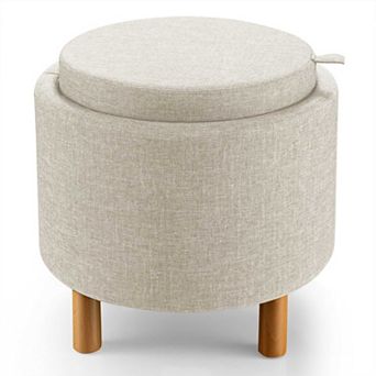Round Fabric Storage Ottoman with Tray and Non Slip Pads for Bedroom