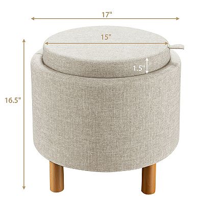 Round Fabric Storage Ottoman with Tray and Non Slip Pads for Bedroom
