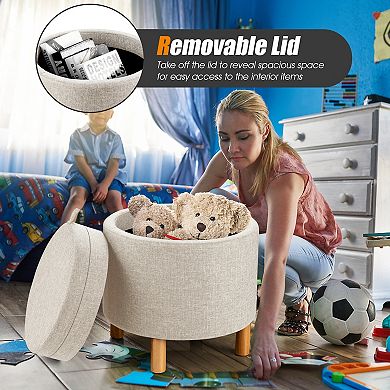 Round Fabric Storage Ottoman with Tray and Non Slip Pads for Bedroom