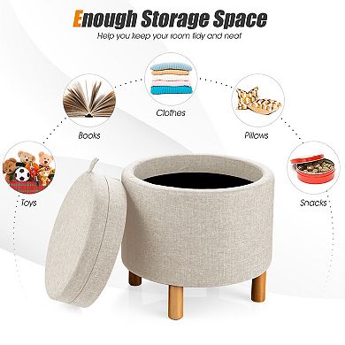Round Fabric Storage Ottoman with Tray and Non Slip Pads for Bedroom