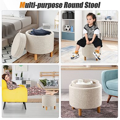 Round Fabric Storage Ottoman with Tray and Non Slip Pads for Bedroom
