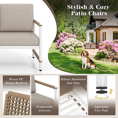 2 Pack Patio Aluminum Sofas with Wicker Backrest and Armrests