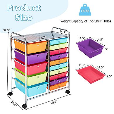 15-Drawer Rolling Organizer Cart with Multi-Use Storage Bins-Multicolor