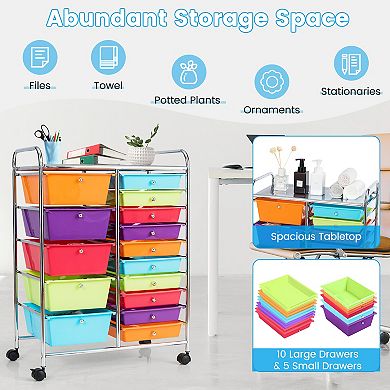 15-Drawer Rolling Organizer Cart with Multi-Use Storage Bins-Multicolor
