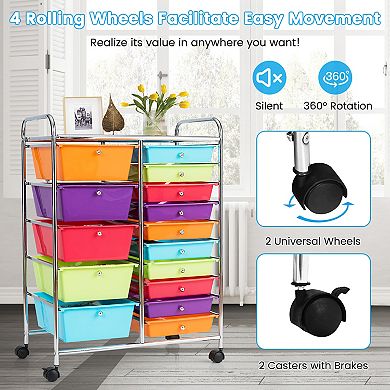 15-Drawer Rolling Organizer Cart with Multi-Use Storage Bins-Multicolor