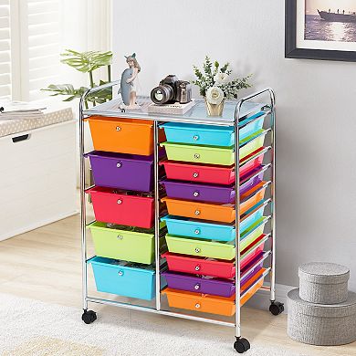 15-Drawer Rolling Organizer Cart with Multi-Use Storage Bins-Multicolor