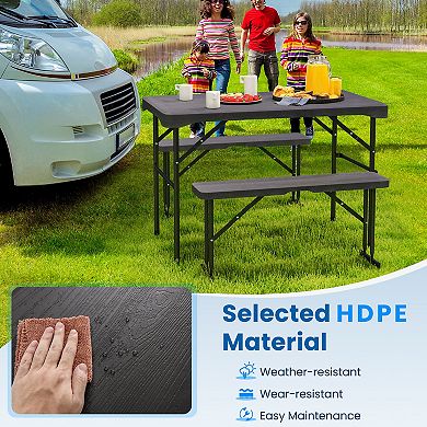 Outdoor Folding Table and Bench Set with HDPE Top and Metal Frame