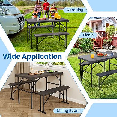 Outdoor Folding Table and Bench Set with HDPE Top and Metal Frame