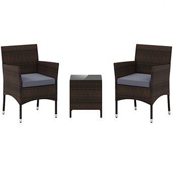 3 pc Outdoor Conversation Set with Cushioned Seat and Glass Tabletop
