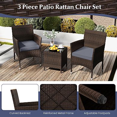 3 Piece Outdoor Conversation Set with Cushioned Seat and Glass Tabletop