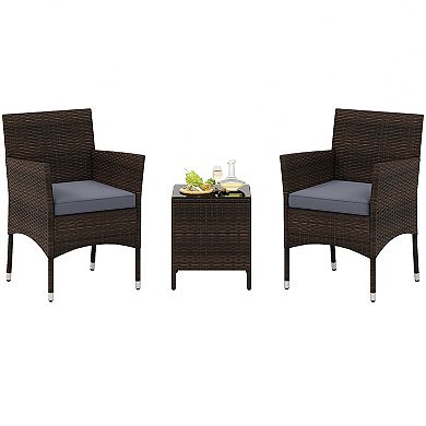 3 Piece Outdoor Conversation Set with Cushioned Seat and Glass Tabletop