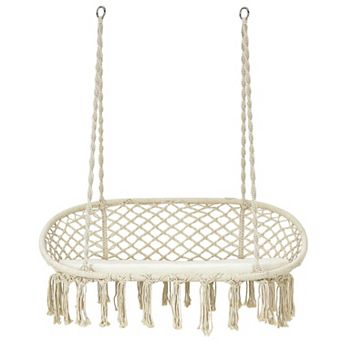 Beige 2-Person Hanging Hammock Chair with Cushion Macrame Design