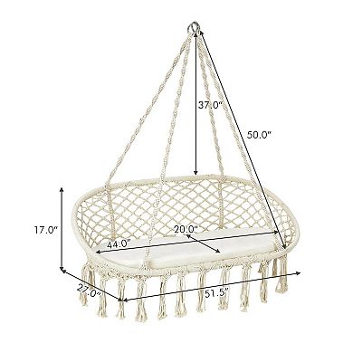 Beige 2-Person Hanging Hammock Chair with Cushion Macrame Design