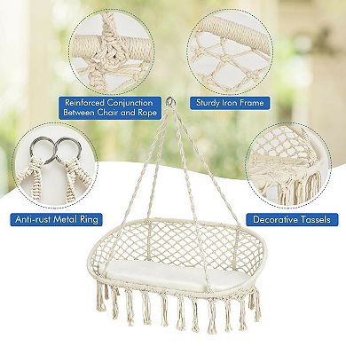 Beige 2-Person Hanging Hammock Chair with Cushion Macrame Design