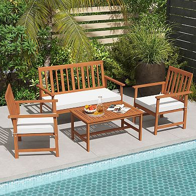 4 Piece Patio Furniture Set with Acacia Wood and Cushions