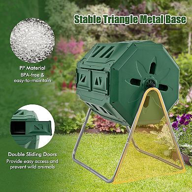 43 Gallon Rotating Compost Bin Barrel with Dual Chambers and Sliding Doors