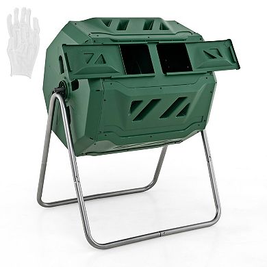 43 Gallon Rotating Compost Bin Barrel with Dual Chambers and Sliding Doors
