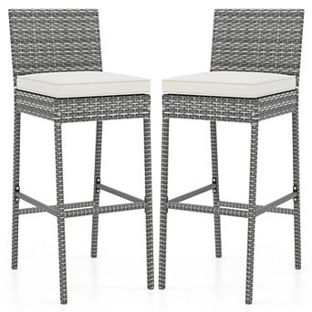 Set of 2 Patio Wicker Barstools with Soft Seat Cushion and Cozy Footrest