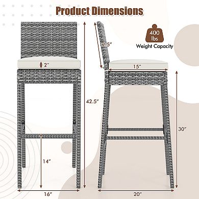 Outdoor Wicker Bar Stools Set of 2 with Cushions and Footrests