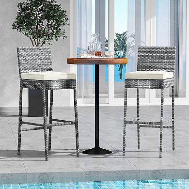 Outdoor Wicker Bar Stools Set of 2 with Cushions and Footrests