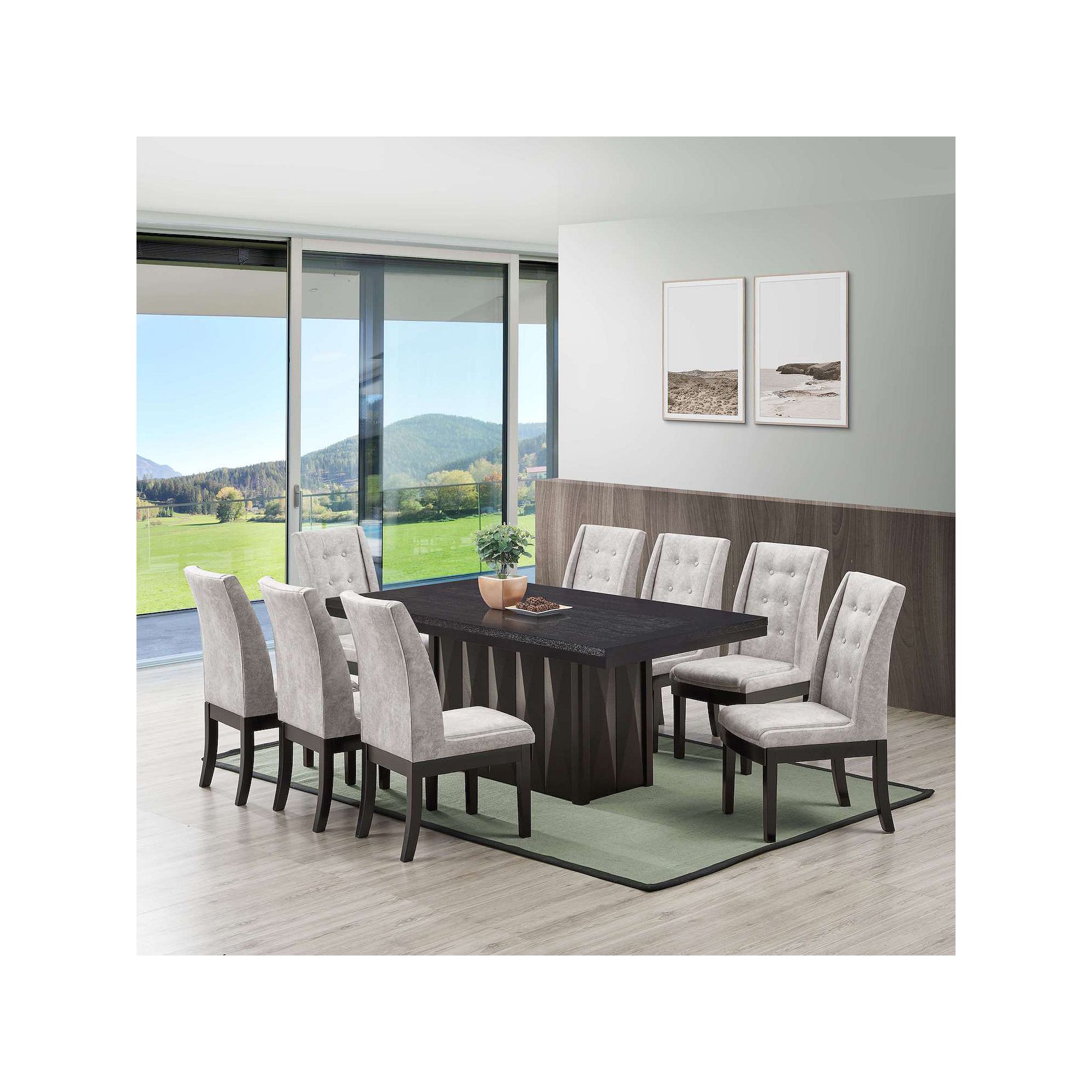 Gray tufted parson dining chairs around a table with dark finish.